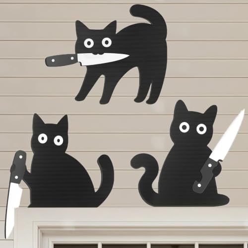 Funny Black Cat Halloween Decorations Set of 3, Wooden Cat Wall Decor with Unique Poses, Spooky Cute Halloween Wall Art for Door, Entryway, Kitchen, Shelf, Cat Lover Gift for Women