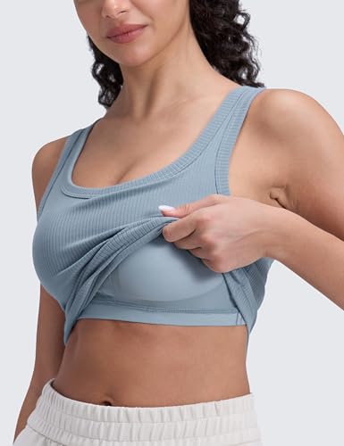 Image of CRZ YOGA Ribbed U Neck Crop Tank Tops | Medium Support, Removable Pads, Casual, Wide Straps, Longline Sports Bras for Women