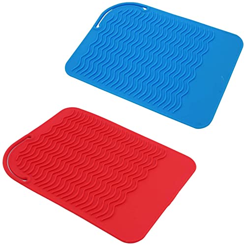 Tapis en Silicone Résistant à la Chaleur Pliable Tapis de Coiffure Résistant de Salon Coussin Isolant en Silicone Antidérapant pour Fer à Lisser pour Outils de Tous Les Lisseurs Bleu et Rouge 2 Pièces