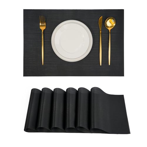 flohar Placemats Set of 6，Non-Slip PVC Weave Table Mats Easy to Clean，Heat Resistant Place Mats for Kitchen Dining Table Decoration Indoor Outdoor，Black