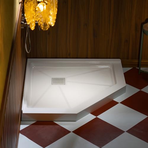 WOODBRIDGE 38" x 38" Neo-Angle Solid Surface Shower Base, Corner Shower Pan with Slip-Resistant Surface, Brushed Nickel Drain Cover Included – White by WOODBRIDGE - Used condition - Image 2