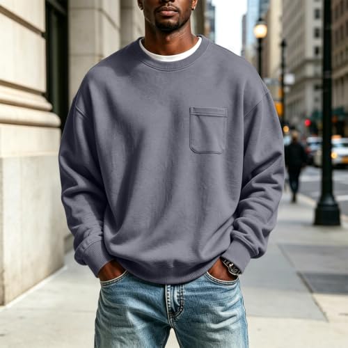 Mens Crewneck Sweatshirt Casual Fall Oversize Fleece Sweatshirts | Chest Pocket, Fall Winter Shirts, Ribbed Cuffs, Loose Fit, Drop Shoulder, Long Sleeve, Hiking, Comfort, Soft, Grey — view 3