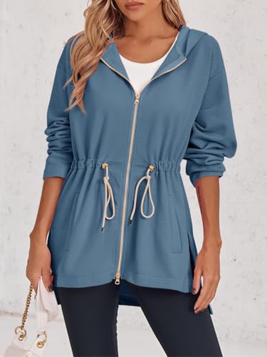 Fisoew Women's Zip Up Hoodie Sweatshirts Oversized Long Sleeve Casual Drawstring Waist Side Slit Tunic Tops — view 2