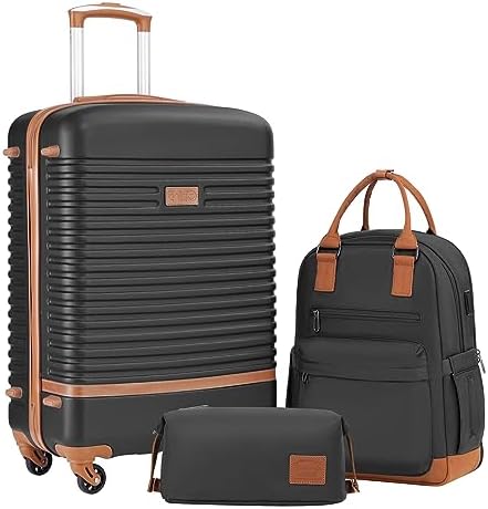 COOLIFE Suitcase Trolley Carry On Hand Cabin Luggage Hard Shell Travel Bag Lightweight with TSA Lock,The Suitcase Included 1pcs Travel Backpack and 1pcs Toiletry Bag (Black/Brown, 5 Piece Set)