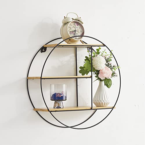 Demsfia Round Wall Floating Shelves, Circle Shelf 3 Tier Made From Metal And Bamboo, Decorative Wall Shelves, Super Easy Install, Black #TOP1