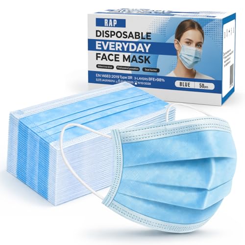 Disposable Face Masks Breathable 3-Layer Face Mask ( 50 Masks 1 Box ) Procedure Masks with Soft Elastic Ear Loops Lightweight Disposable Masks Daily Use Mask for Travel & Public Safety Dust Mask.