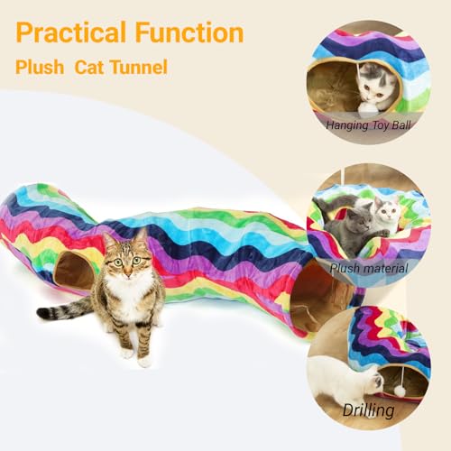 LUCKITTY Cat Tunnel - S-Shaped, Rainbow Wave Color, Soft Velvet Exterior, Oxford Fabric Fog-Proof Interior, Plush Toy Ball, Easily Washable, Conveniently Foldable, 47.2in/120cm - Thumbnail 2