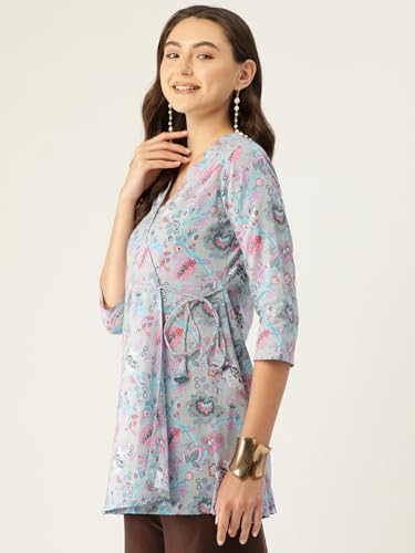 Image of feranoid Floral Print Angrakha 3 Sleeves Flared Kurti
