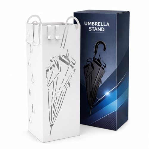 AND HOME Portaombrelli Da Interno/Esterno in Metallo Elegante 48x15x15 cm – Design Moderno per Ingresso, Casa o Ufficio – Resistente, Compatto e Decorativo (Bianco, Umbrella)
