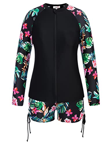 Kimcurvy Beach Shirts For Women Plus Size Rash Guard Women's Long Sleeve Swimsuit Black Leaf And Flower 22W #TOP5