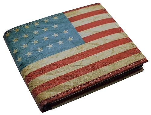 MARSHAL RFID Blocking Men's USA Flag Printed Bifold Genuine Leather Wallet Western with Gift box - Main Image