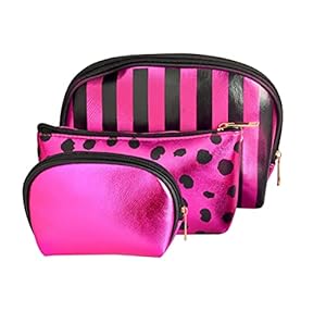 STRIPES Portable Waterproof PU Golden Toiletries Makeup Pouch Travel Kit Bag Stylish Pouch For Makeup Accessories Pouch Set For Women And Girls (3 Pieces Set,Comes With Pink Ribbon)