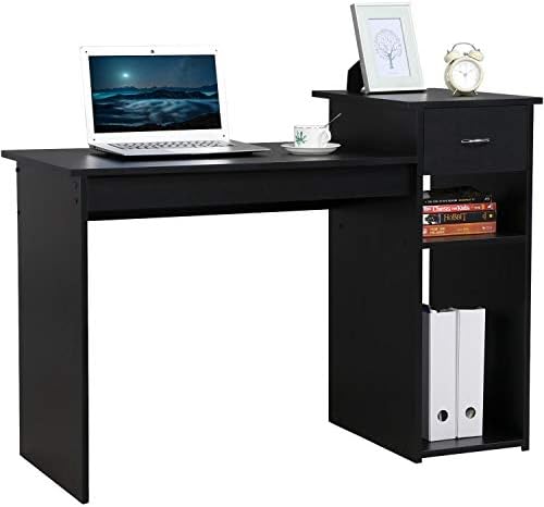 Yaheetech Home Office Small Computer Desk with Shelf and Drawer,112x50x82cm,Black