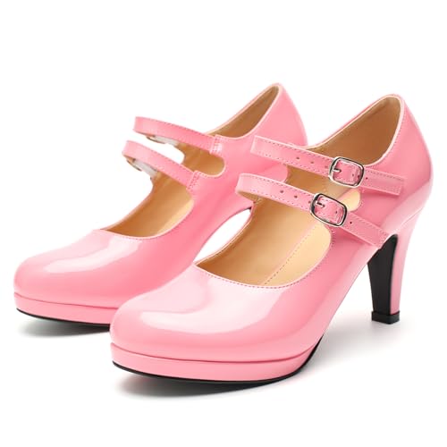 Women's Low Platform Pumps Round Toe Classic High Heels Double Ankle Strap Mary Jane Dress Shoes3