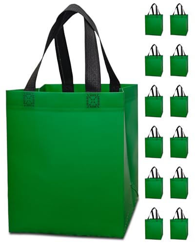 REUGBEXPT 12 Green Gift Bags - Sturdy Reusable Medium 8x5x10 with Handles Non-Woven Gift Bags for Christmas Easter Graduations Halloween Birthdays & Parties