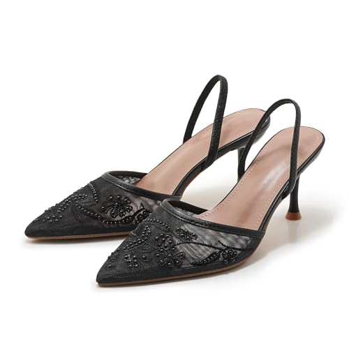 Image of Embroidered Mesh Slingback Heels for Women White Pearl Kitten Heel Pumps Pointed Toe Backless Wedding Shoes