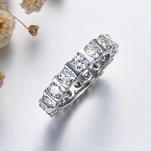 Moissanite Eternity Ring 40 mm D color VVS 5 CTTW Moissanite Bezel set Eternity Wedding Band for Women Platinum Plated Silver Anniversary Engagement Stacking Rings