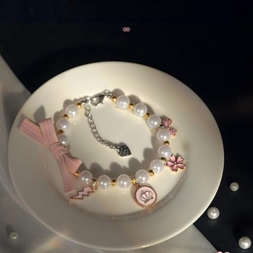 Image of Qiansail Cat Pearl Collars Necklace, Dog Collar with Pendant Pet Cute Princess Bow Crown Fashion Accessories for Puppy Kitten (Pink, M)