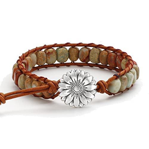 Hzdk 7 Chakra Bracelets For Women,Handmade Healing Stone Jasper Beads Bracelet With Flower Button Women Jewelry Gifts (Round Amazon) #TOP5