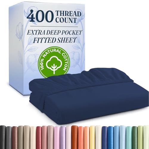 Twin 400 Thread Count Cotton Fitted Sheet - Hotel Quality 100% Cotton - Soft & Wrinkle Free - Deep Pockets - Fits Mattress Perfectly with No Pop-Off Elastic - One Fitted Bottom Sheet Only - Navy Blue