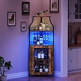 Garvee Armario de Vino Esquinero con Luces LED, Mueble Bar Industrial de 5 Niveles con Botellero y Porta Copas, Estantería para Vinos con Puerta de Malla para Salón y Comedor, Marrón Rústico