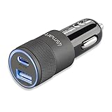  4smarts Rapid+ Chargeur Allume-Cigare USB C & USB A 27W Chargeur Voiture Double Ports [Quick Charge 3.0 et Power Delivery] avec Câble USB C vers Lightning 1m Compatible avec iPhone, iPad - Gris/Noir