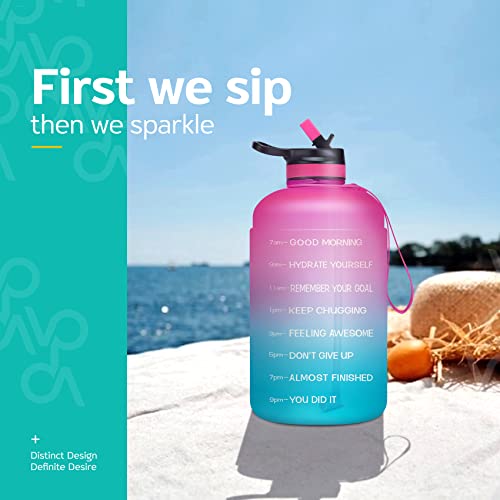 Venture Pal Half Gallon Water Bottle With 2 Lids, Large 64 Oz Water Jug With Motivational Time Marker To Ensure You Drink Enough Water-Pink/Green Gradient #TOP6