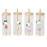 Peanuts Snoopy Happy Sips 4 Piece 23 OZ Tumbler Set with 4 Bamboo Lids and 4 Straws Set, Iced Coffee, Smoothie, Water Cup - Dishwasher Safe