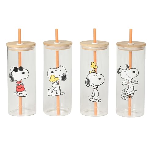 Peanuts Snoopy Happy Sips 4 Piece 23 OZ Tumbler Set with 4 Bamboo Lids and 4 Straws Set, Iced Coffee, Smoothie, Water Cup - Dishwasher Safe by Peanuts - Used condition - US$26.76
