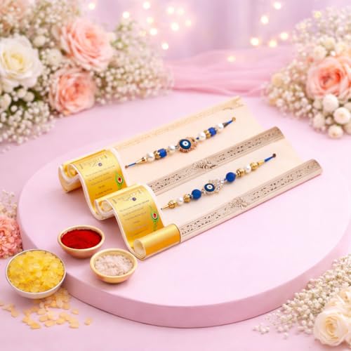 Image of Jaipur Ace Rakhi Gift Hamper for Bhaiya Bhabhi with Silver Plated Bowl Set, Pooja Thali, 2 Designer Rakhis, Roli Chawal, Raksha Bandhan Gift Set for Brother Bhabhi, Premium Rakhi Combo with Red Velvet Box