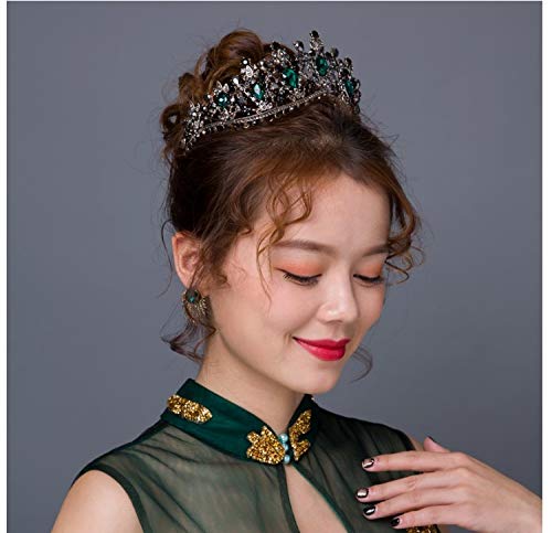 Fineder Bride Baroque Vintage Queen Green Crystal Big Crown Headwear, Bridal Wedding Hair Accessories Jewelry Bride Tiaras Princess Crown For Women,Black Crown For Women #TOP6