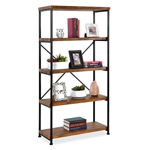 Best Choice Products 5-Tier Rustic Industrial Bookshelf Display Décor Accent for Living Room, Bedroom, Office w/Metal Frame, Wood Shelves - Brown