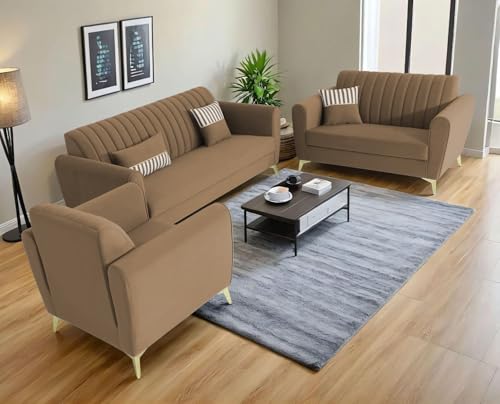 Image of Adorn India Premium Luster 3-2-1 Sofa Set | Velvet Suede Fabric | 3-Year Warranty | Color Camel with Golden Legs & Striped Pattern Cushion