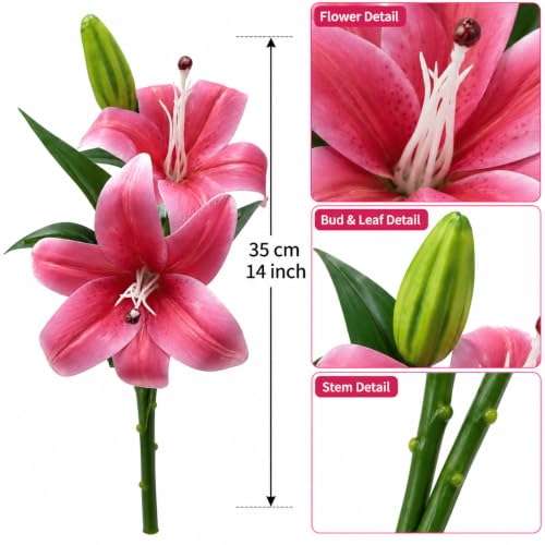 Image of CURATED CART 2 Pcs Lily Artificial Flowers Bunch for Home Decoration - Tiger Lilys Bouquet for Home Decor - Real Touch Faux Latex Short Stem - Includes 2 Lily Flowers and 1 Half Bloom Buds-Dark Pink