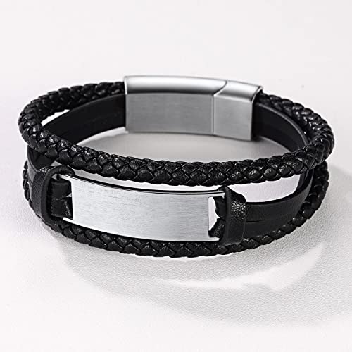 U7 Men Women Personalized Braided 3-Layer Leather Bracelet Engrave Text Bracelet Customizable Stainless Steel Id Bracelet #TOP2
