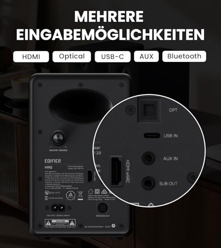 Edifier M90 Regal-Lautsprecher, 100 W RMS Desktop-Lautsprecher, Hi-Res-Audio, LDAC, Bluetooth 6.0, kompakter Lautsprecher, HDMI eARC/optischer/USB-C/AUX-Eingang, SUB OUT, Aktivlautsprecher – Schwarz