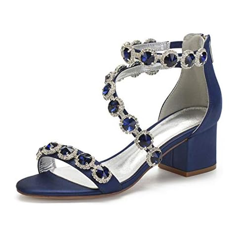 Anna's Bridal Navy Blue Block Heels Sandals for Women Wide Width Crystal Wedding Shoes for Bride Low Heel Comfortable Pump for Prom Party Navy Blue 702-16 Cover