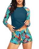 Daci Women Colorful Leaves Two Piece Rash Guard Long Sleeve Swimsuits UV UPF 50+ Swim Shirt Bathing Suit with Boyshort Bottom S