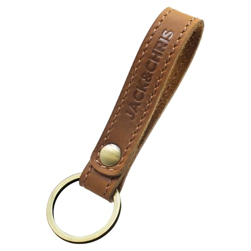 Jack&Chris Full Grain Genuine Leather Keychain, Handmade Durable Key Chain with Zinc Alloy Key Ring, Heavy Duty Key Holder for Men Women, Vintage Brown Key Fob Chain for Car/Home Keys