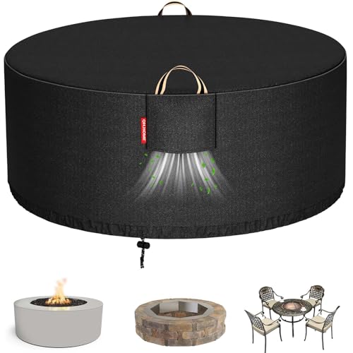 [2026 Upgraded 900D Fabric] Outdoor Fire Pit Cover for 52-60 inch Fire Pit, 900D Heavy Duty Waterproof Patio Table Cover with Air Vent, Handle & Tightening Drawstring, 60"Dia x 24"H -Black by QH.HOME - Used condition - US$29.60