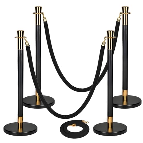 4 Pack Black&Gold Stainless Steel Stanchion Post and 3 Pack 5 FT Black Velvet Ropes and Stanchion Poles Set Crowd Control Barriers with Fillable Base Used for Party Wedding Theaters Red Carpet