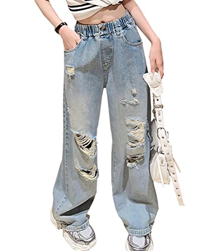 NABER Kids Girls Elastic Waist Cool Ripped Jeans Washed Denim Wide Leg Ripped Denim Jean Age 5-15 Years