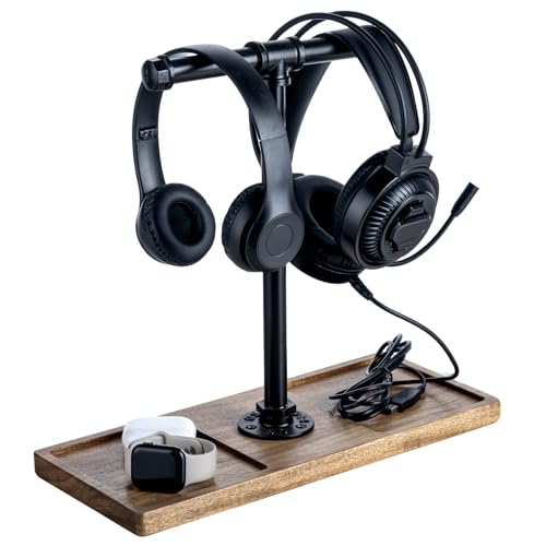 FARM IN Solid Acacia Wood Headphone Stand for Desk Industrial Headset Holder with Storage Base for Gaming and Office Accessories