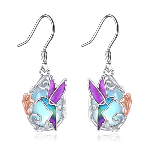 Boucles d'oreilles colibri argent 925 avec pierre de lune véritable pour femme