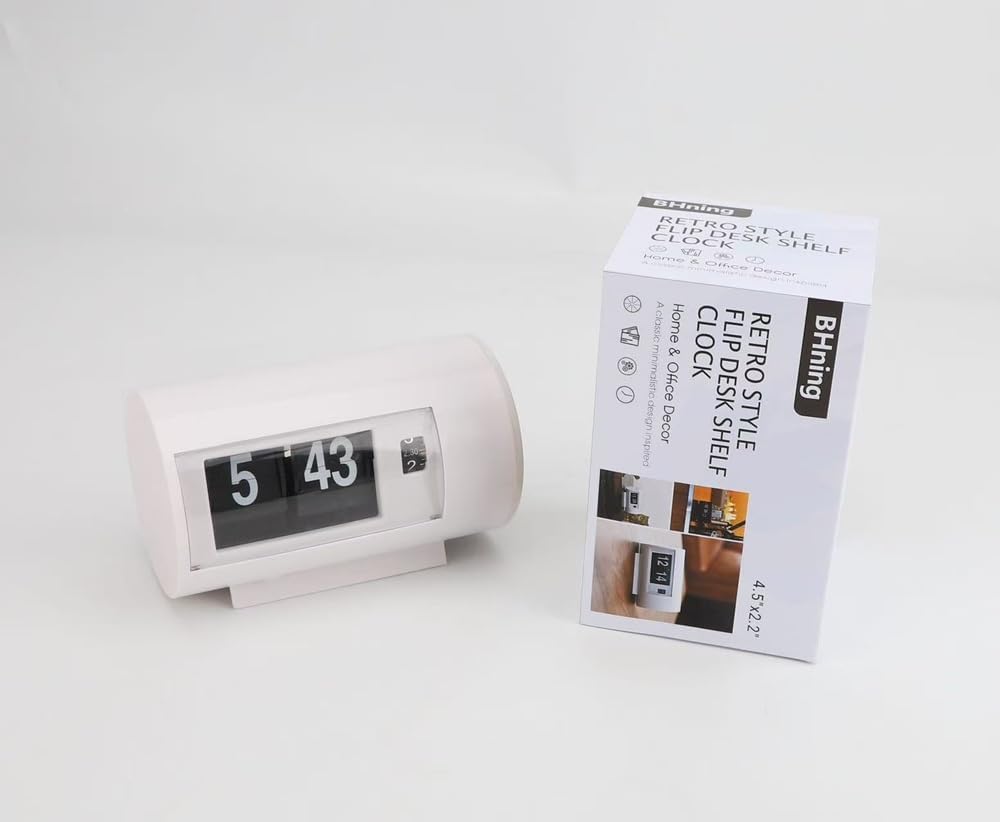 BHning Retro Table Clock Auto Flip Clock 12 Hours AM/PM Format Display Timepiece Desk Clock Flip Page Turning Clocks (White) | Auto Page Turning, Battery Operated, Easy to Read, Perfect for Grandmather, Parents, Friends