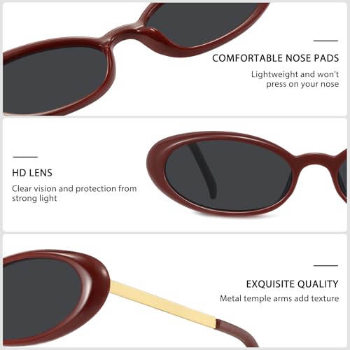 Fozono Retro Oval Sunglasses for Women,Trendy Cat Eye 90s Small Sunnies Narrow Shades UV Protection Red Frame/Grey Lens — view 4