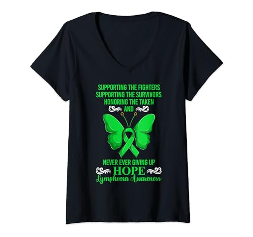 Femme Chemises de soutien contre le cancer vert pour lymphome, soutenir les combattants T-Shirt avec Col en V
