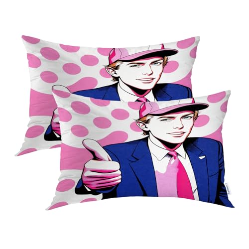 Batmerry American President Man Pillowcases, Smile Thumbs-Up Pink Spot Background Decorative Bed Pillow Cover with Hidden Zipper Soft Blended for Hair and Skin 20X26 in