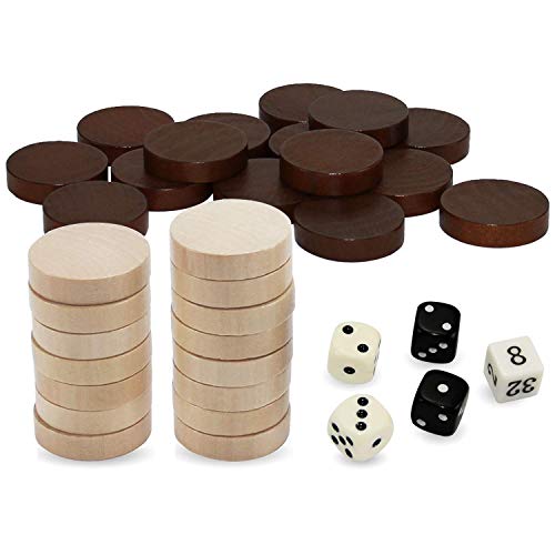 Asney Wooden Backgammon Pieces, Solid Wood Checker Pieces Set Board Game Table Chips And 5 Dices, Includes Storage Bag (1.34") #TOP2