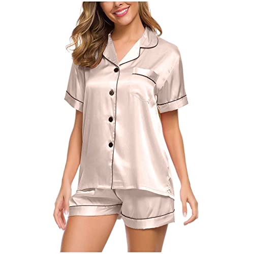 Asntrgd Silk Pajamas Womens Short Sleeve Sleepwear Soft Satin Button Down Robe Sets Loungewear 2 Piece Nightgown Shorts Set #TOP1